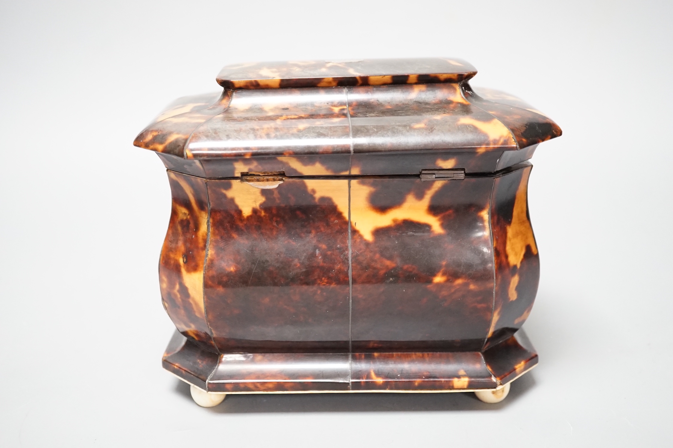 A Regency tortoiseshell bombe shaped two division tea caddy on ivory ball feet (Lid detached, requires restoration) - 18cm wide